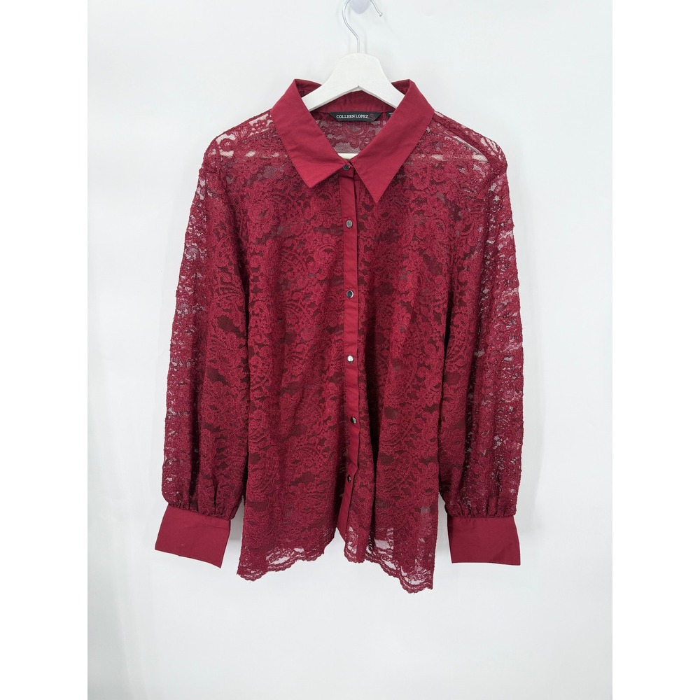 Colleen Lopez Shirt Womens 1X Burgundy Lace Button Down Long Sleeve Sheer Blouse